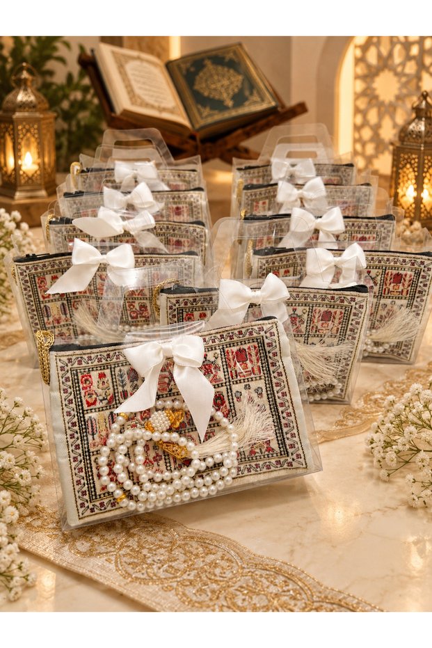 10 Pieces of Cream Bowknots in a Bag, Flared Cover Wallet and Prayer Beads Set