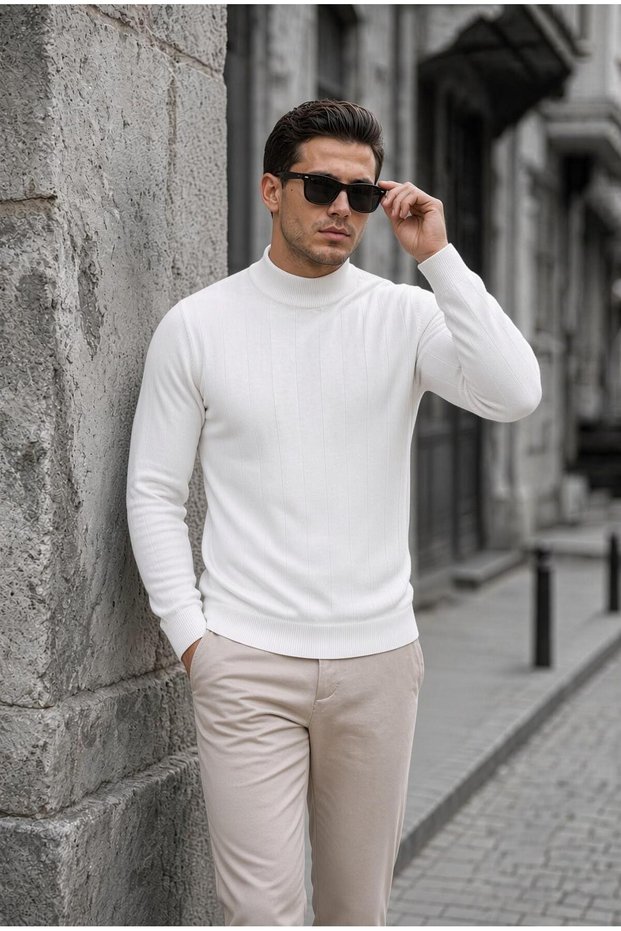 Seka 917 Striped Cotton Slim Fit Men's Half Fisherman Sweater