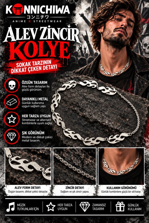 Flame Figured Chain Necklace Silver and Black Unisex
