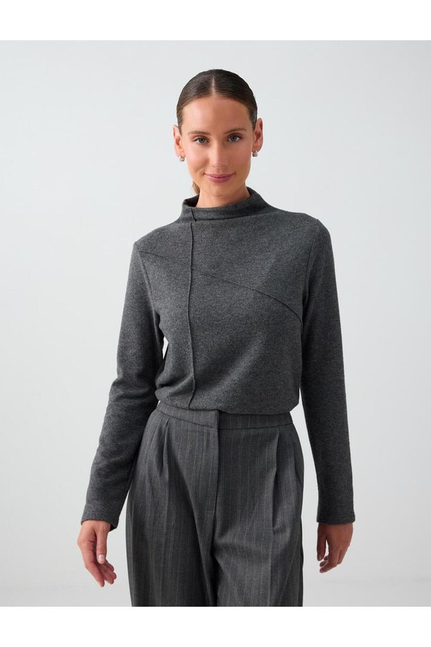 Anthracite Melange Stitching Detailed Stand Collar Soft Touch Blouse