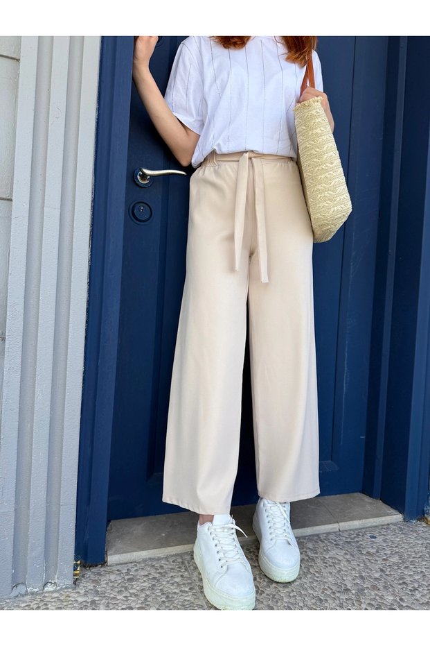 Tie-Waist Wide Leg Pants - Ak - Beige