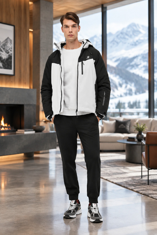 Xn-3856 Men's Black and White Casual Hooded Coat