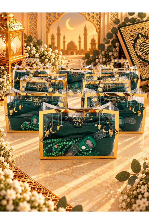 10 Pieces of Green Gilded Bag with a Flared Cover, Prayer Beads and Simple Dhikr Mat Kit