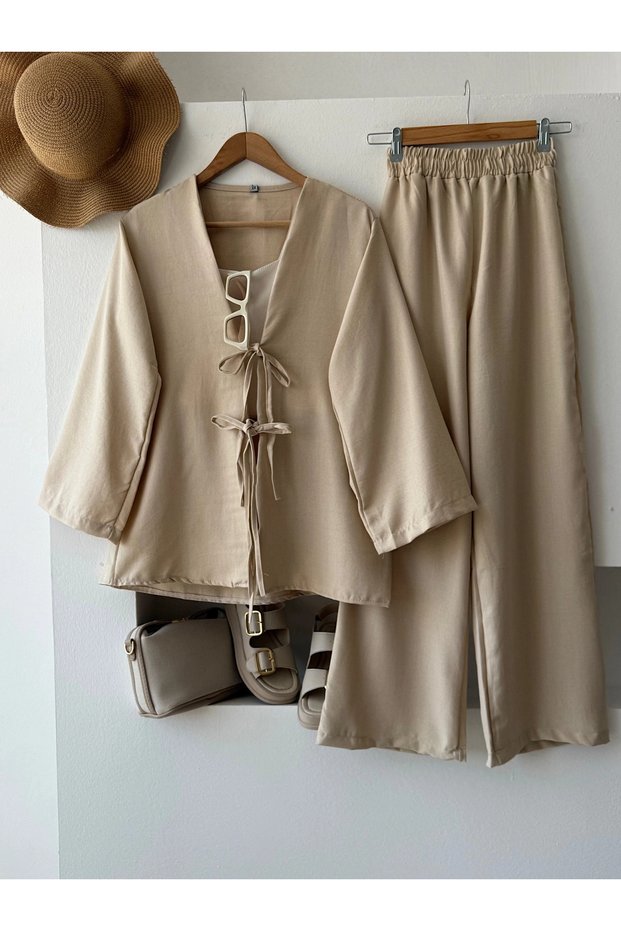 Two-Tie Pants Suit - Mg - Stone