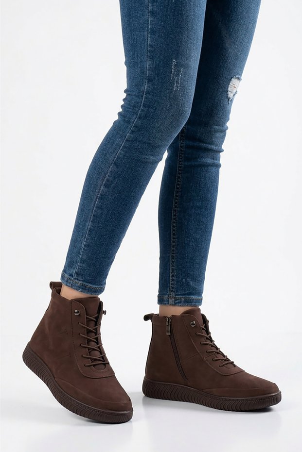 Altor Side Zipper Stitched Rubber Tied Sole Genuine Leather Women's Boots Brown Nubuck