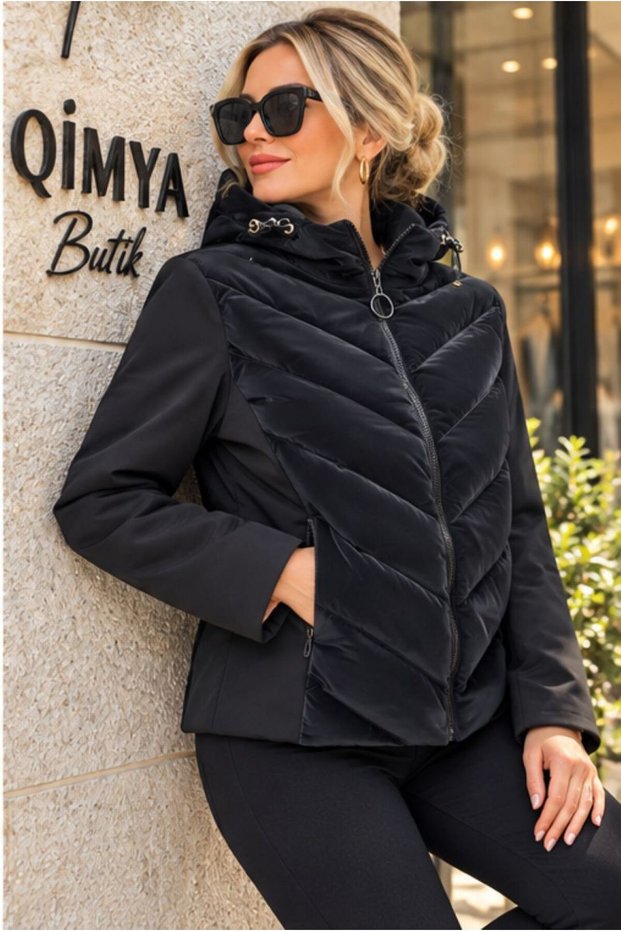For she women's scuba fabric hooded puffer jacket with straight, angled stitching and a glossy finish