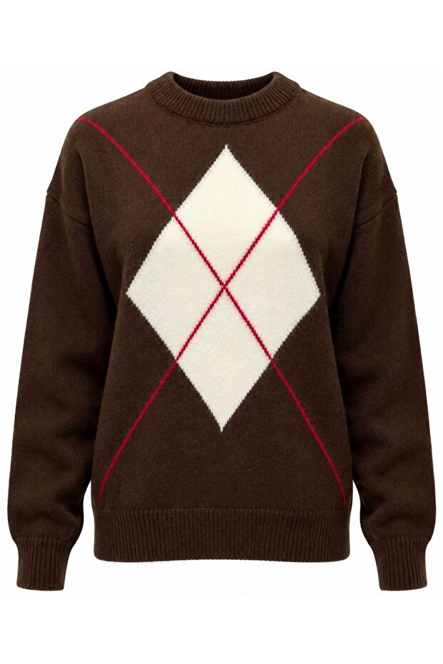 Women's Brown Diamond Patterned Crew Neck Soft Textured Sweater