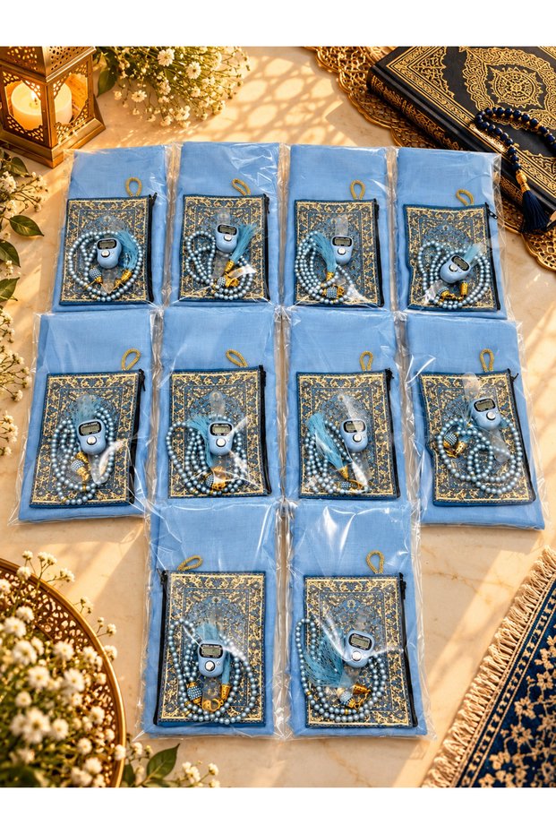 10 Pieces Blue Gelatin Flamed Cover Wallet Prayer Beads and Simple Zikirmatik Set