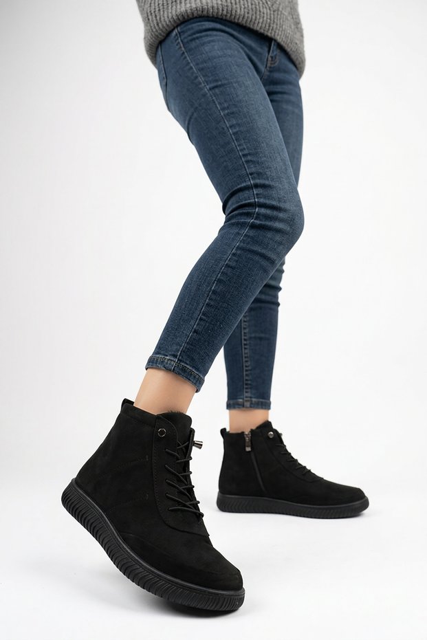 Altor Side Zipper Stitched Rubber Tied Sole Genuine Leather Women's Boots Black Nubuck