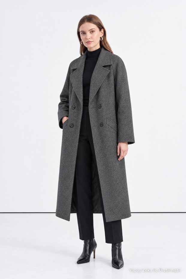 Double-Breasted Collar Pocket Detailed Cashmere Coat Anthracite Coat 13300