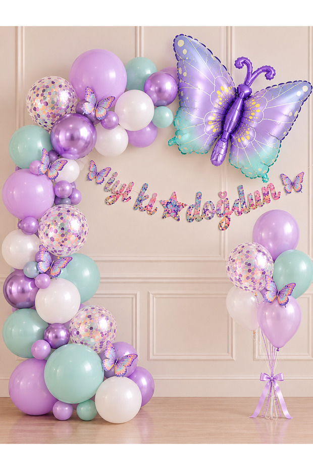 Party Butterfly Themed Birthday Balloon Set | Lilac Mint Green White Balloon Chain and Butterfly Banner Party Decoration