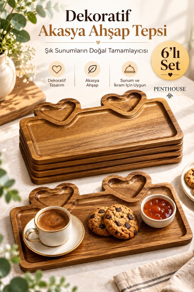 Decorative Acacia Wood Presentation Tray with Heart Detail for Serving Coffee, Tea, and Snacks