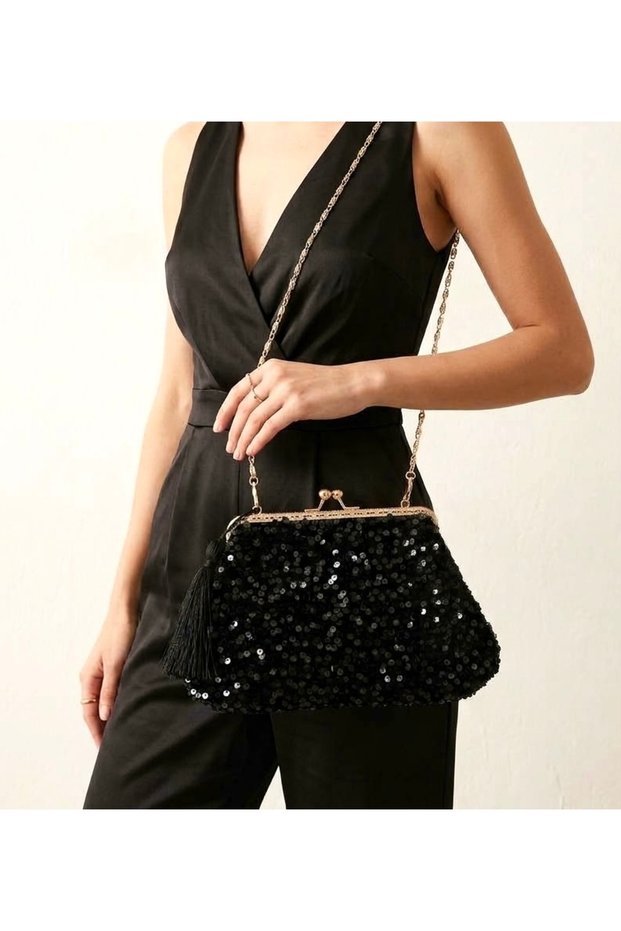 25X15 cm Sequined Sparkling Evening Dress Evening Bag Gold Color Chain and Clip, Lightweight Bag