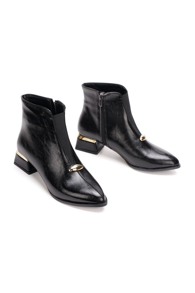 Zippered Elastic Short Heeled Women's Boots with Gold Accessories