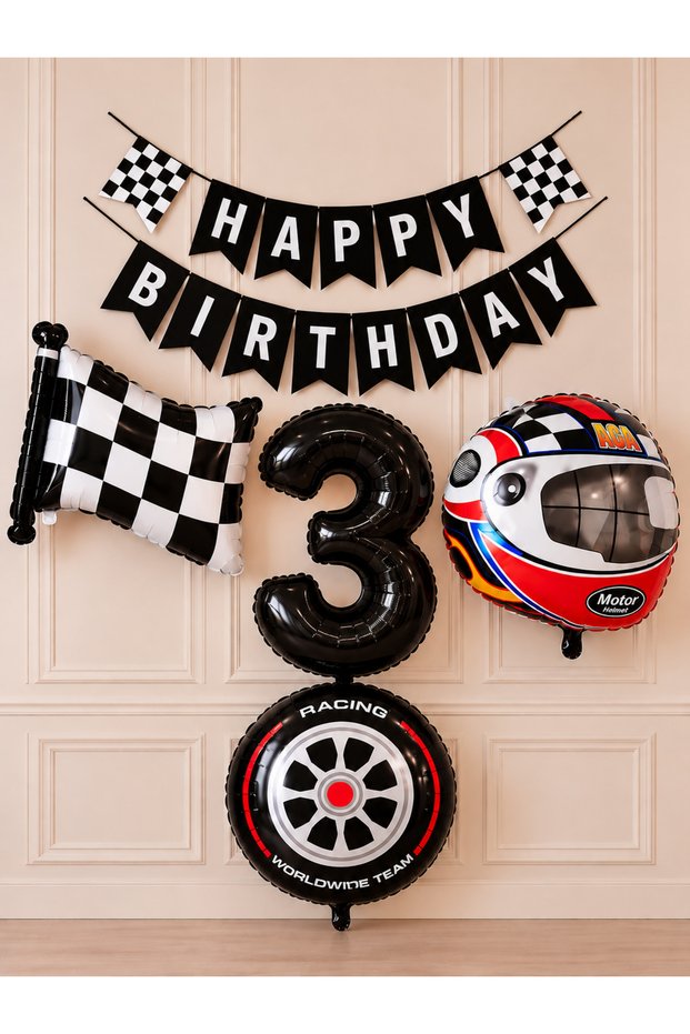 Party 3 Years Old Race Themed Birthday Decoration Set 4-Piece Foil Balloon Helmet Tire Checkered Flag Happy Birthday Banner 1-9 Years