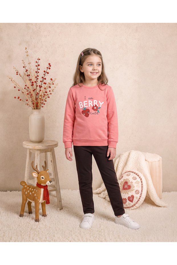 Girls & Baby Interlock Berry Cute Strawberry Printed Flat Leg Long Sleeve Pajama Set Salmon