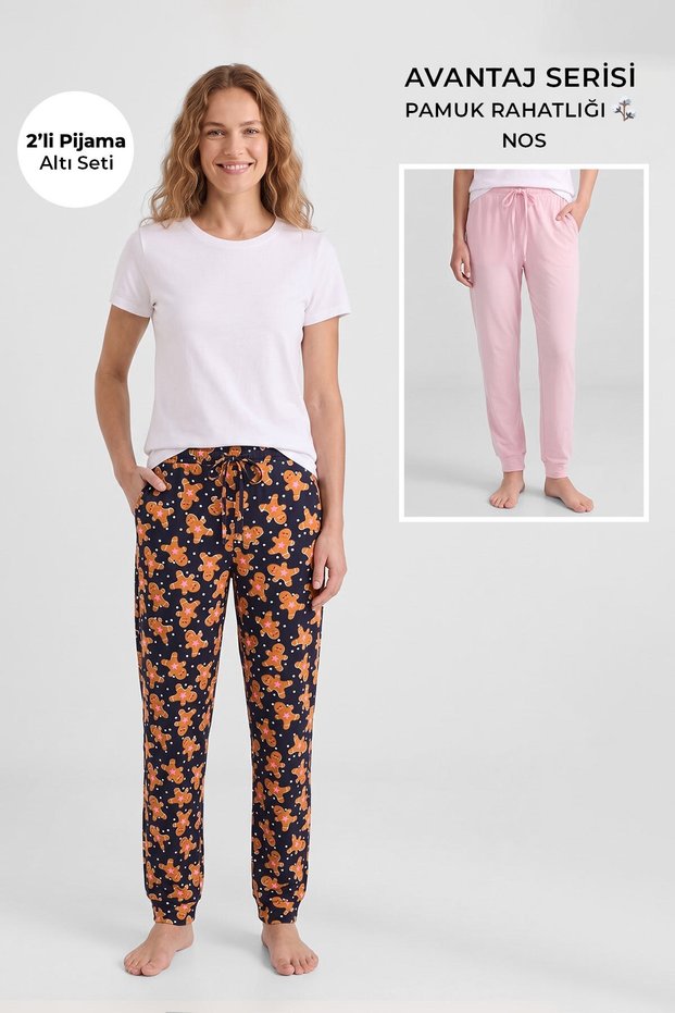Egyptian Cotton Women's Double Bottom Pajamas Printed Navy Blue-Pink
