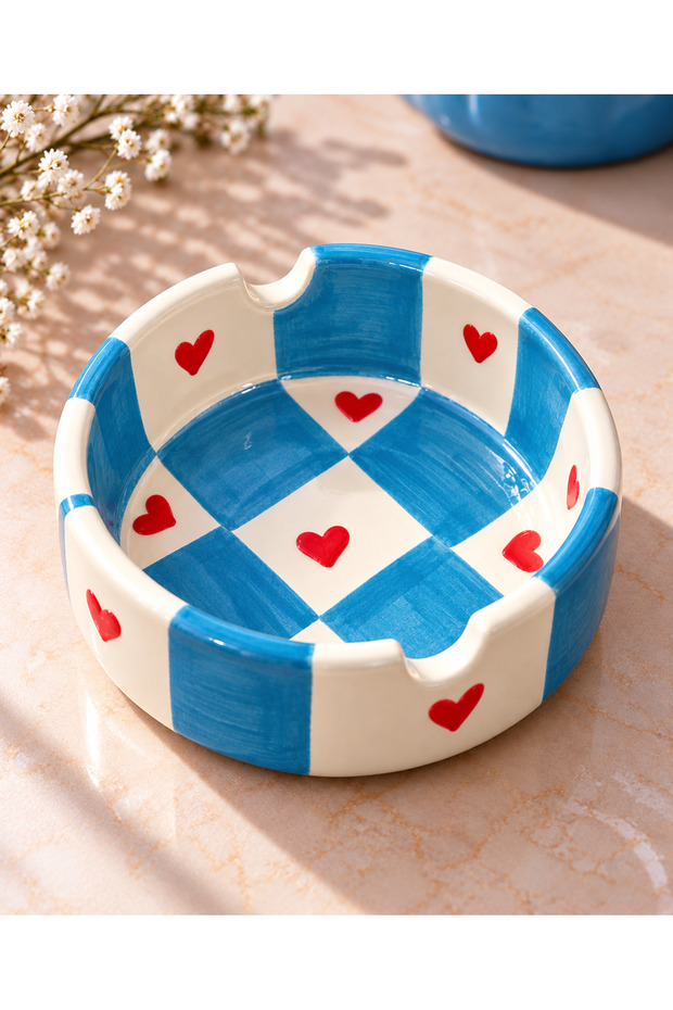 Blue Square Stripe Heart Detailed Ceramic Ashtray – Handmade Decorative Ashtray
