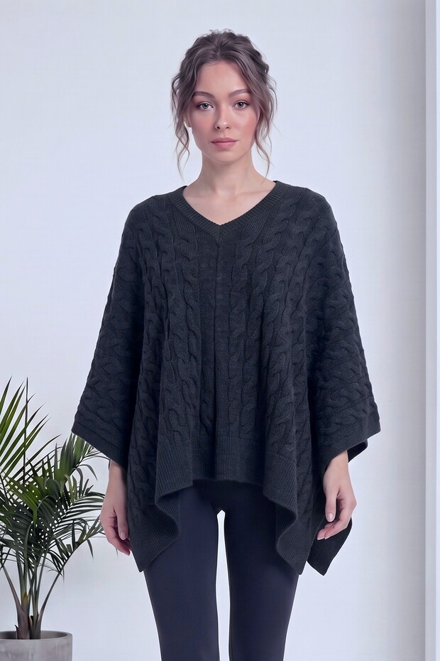 Women's Casual Bat Sleeve Knitted Patterned V-Neck Knitwear Poncho Claret Red, Gray, Anthracite