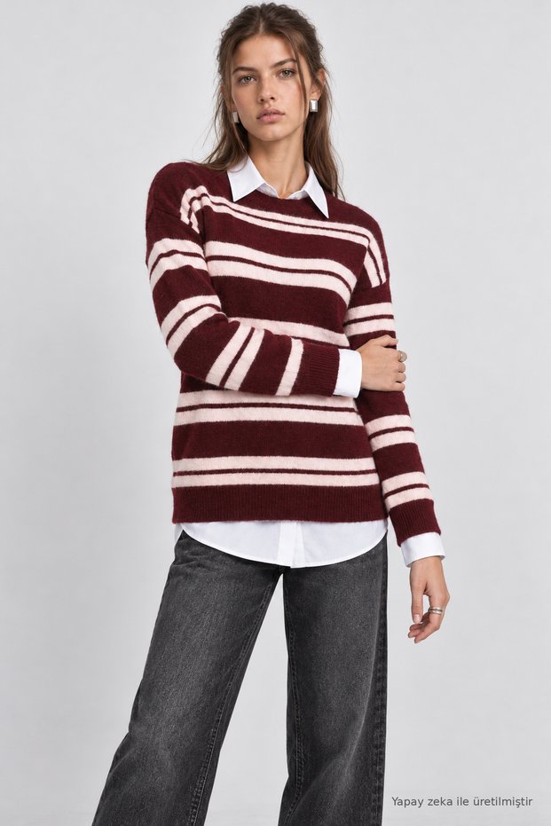 Striped Oversize Knitwear Sweater Lma0001 Bordo Pink
