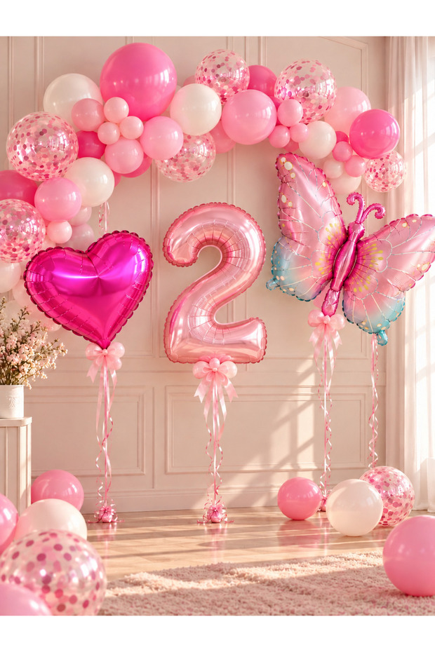 Party 2 Years Old Pink Butterfly Themed Birthday Balloon Set with Heart and Number Foil Balloons for Ages 1-9