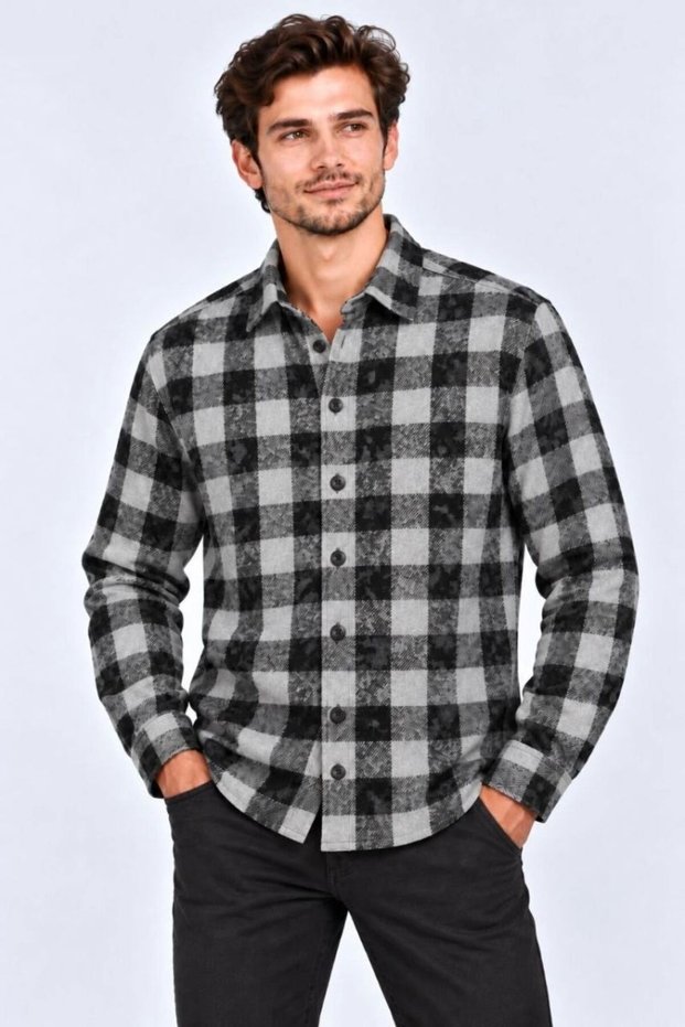 Men's Plaid Checkered Batik Washed Shirred Long Sleeve Regular Fit Lumberjack Shirt - Black Mariposa Sec