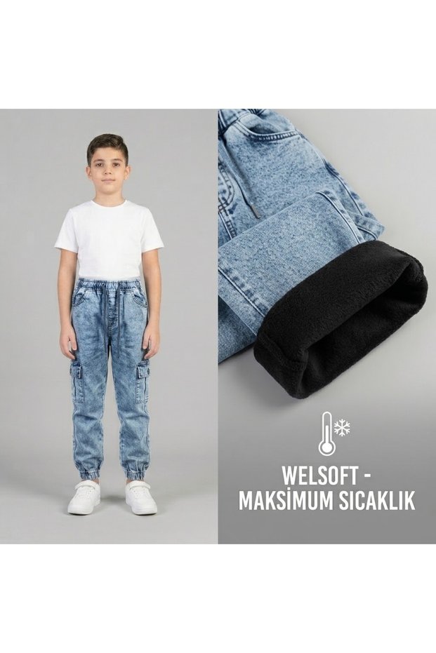 Children's Black Welsoft (Fleece) Winter Cargo Pocket Elastic Cuff Comfortable Cut Jeans