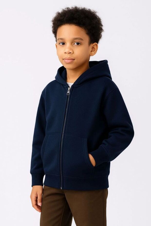 Boys' Hooded Cardigan Sweatshirt with Kangaroo Pocket and Full Zipper - Navy Blue