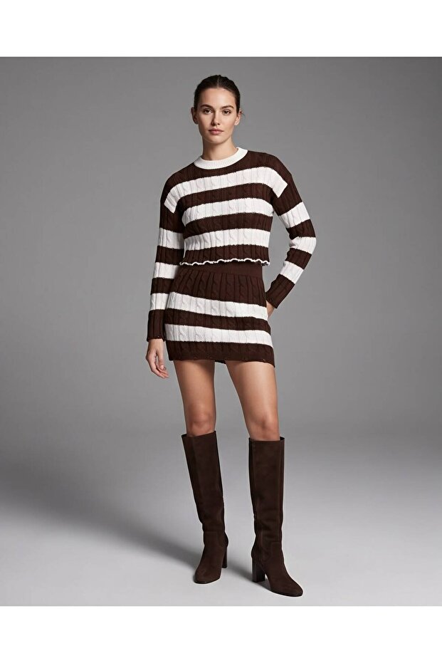 Women's Striped Fringe Detailed Crop Sweater Mini Skirt Two-Piece Knitwear Set