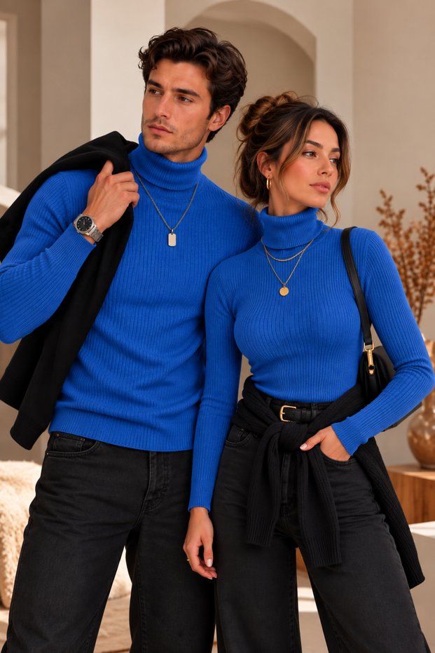 Couple Combination 2 Pieces Women's and Men's High-Neck Knitwear Sweater Slim Ribbed Turtleneck Seasonal Basic Set