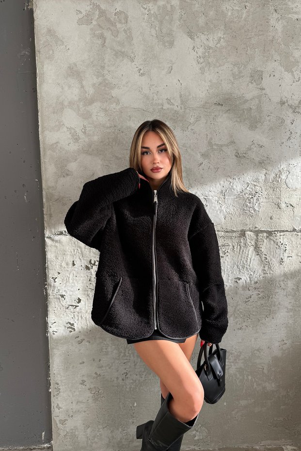 Women's Premium Oversize Teddy Plush Jacket with Stand Collar and Zipper, Lamb Fur Look