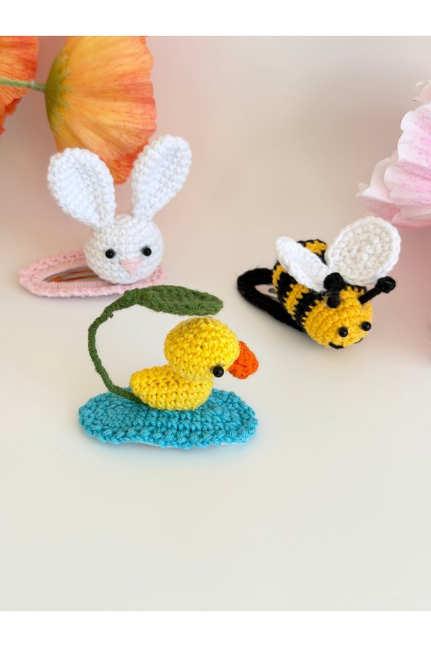 2 Pieces Cute Bee Rabbit Duck Figured Amigurumi Hand Knitted Buckle Organic Cotton Children's Snap Hair Buckle Set