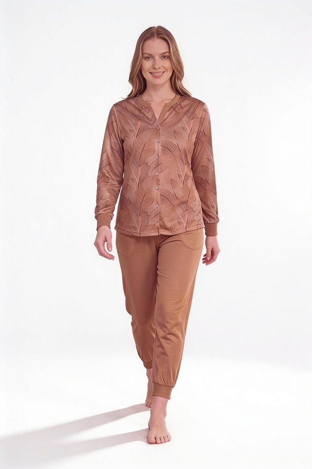 Women's Leaf Patterned Buttoned Long Sleeve Pajama Set Brown