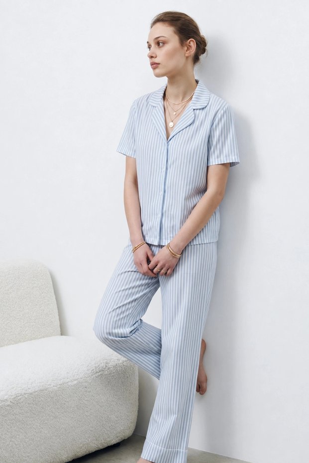 Women's Blue Striped Short Sleeve Buttoned Shirt Collar Pants Pajama Set