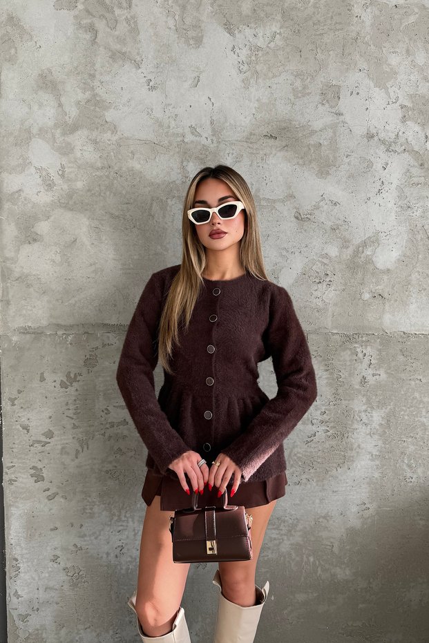 Women's Angora Knitwear Premium Cardigan Buttoned Round Neck Ruffled Peplum