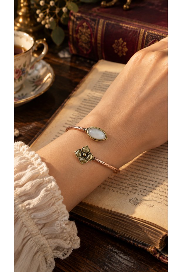 Pink Quartz Natural Stone Leaf Figured Adjustable Vintage Copper Women's Bracelet
