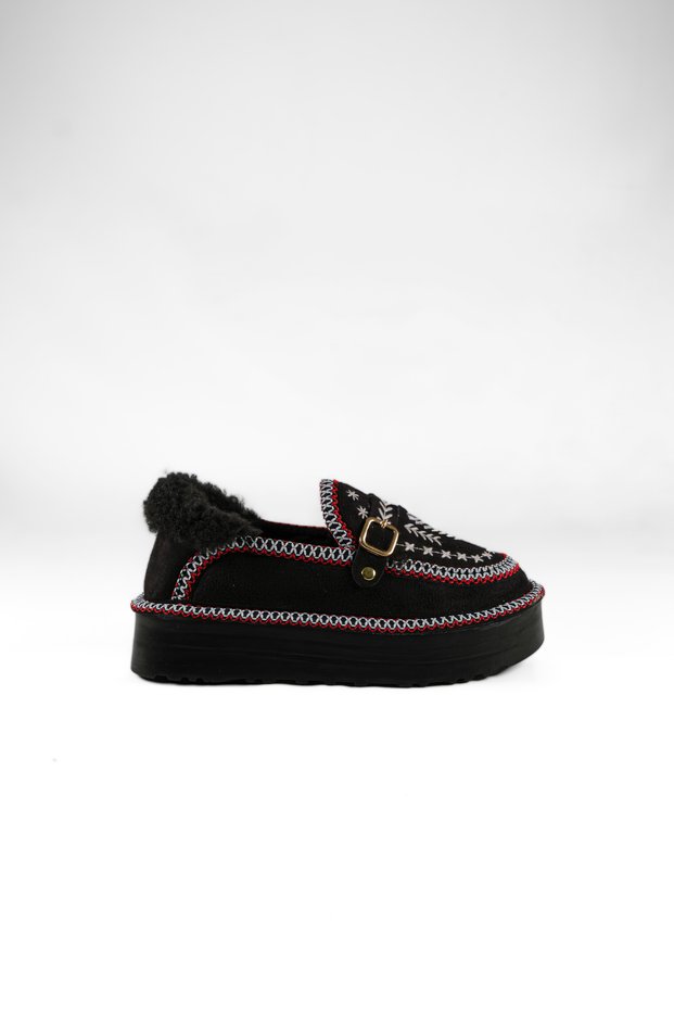 Women's Black Embroidered Buckle-Strapped Suede Thick Platform Sole Loafer Boots with Fur Inside