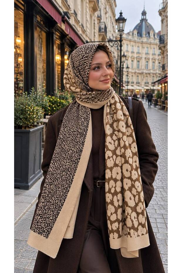 Beige Leopard Patterned Women's Hijab Shawl 90X180 cm
