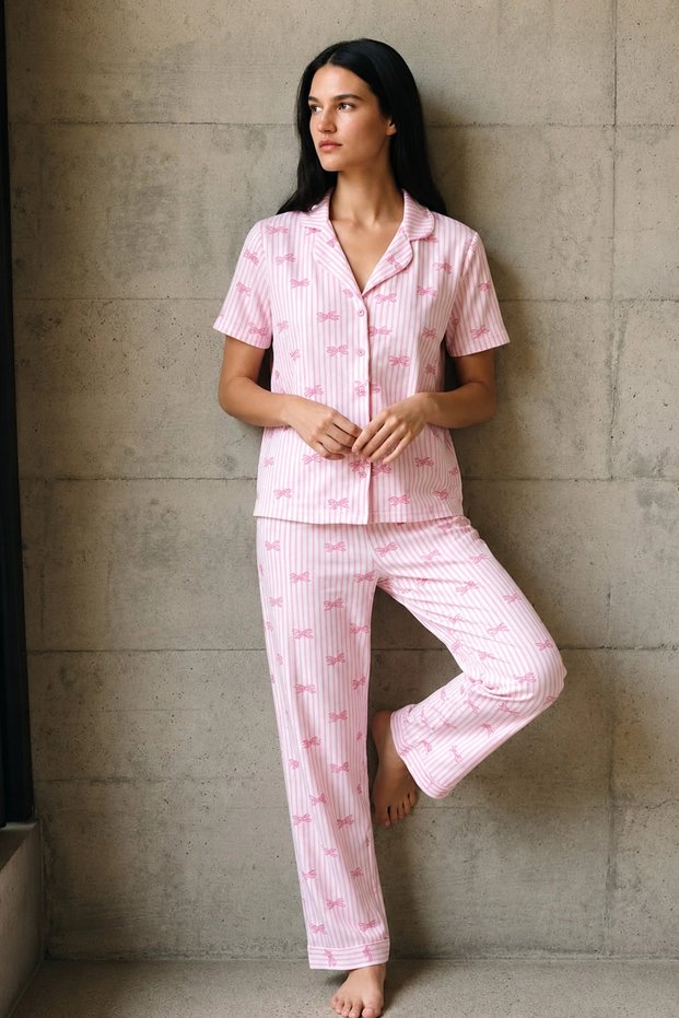 Women's Pink Striped Bow Patterned Short Sleeve Buttoned Shirt Collar Trousered Pajama Set