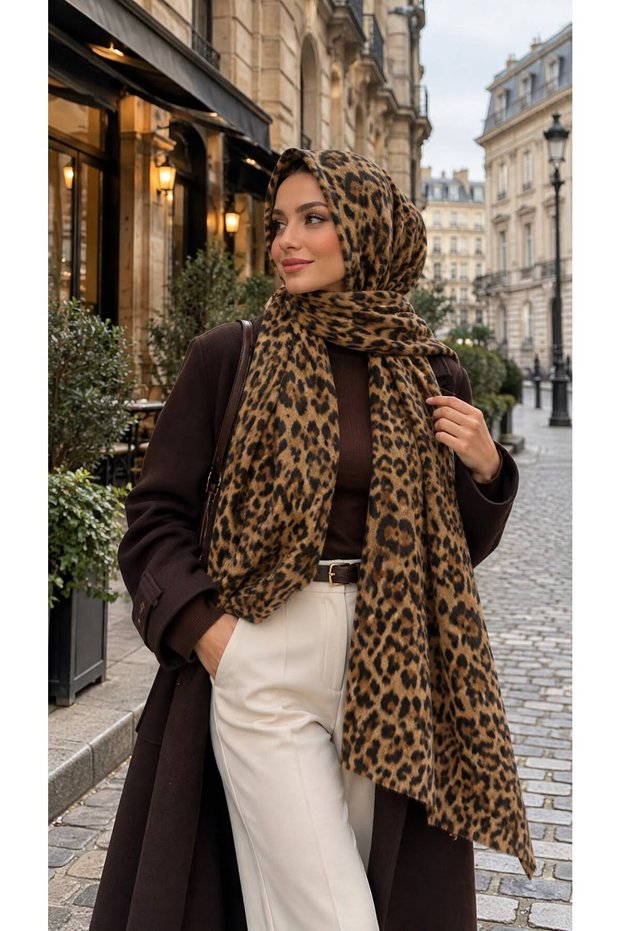 Brown Leopard Patterned Women's Hijab Shawl 90X180 cm