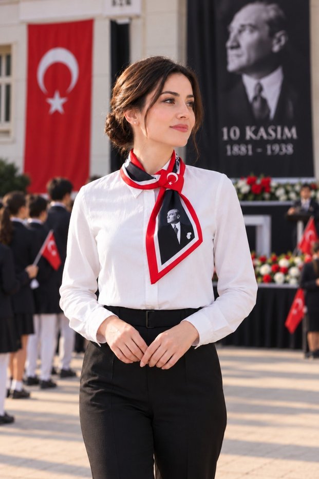 Ata-004 Ataturk Photo and Signed Turkish Flag Tie / Scarf / Foulard - Black-White