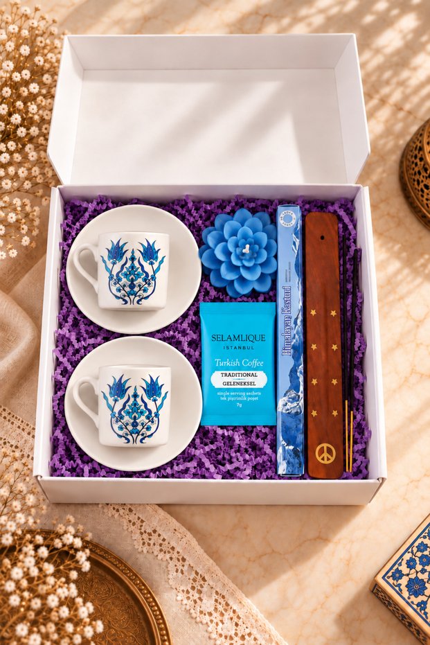 2-Piece Turkish Coffee Gift Set – Traditional Patterned Cup, Coffee, Candle, and Incense Burner - Home Gift Set