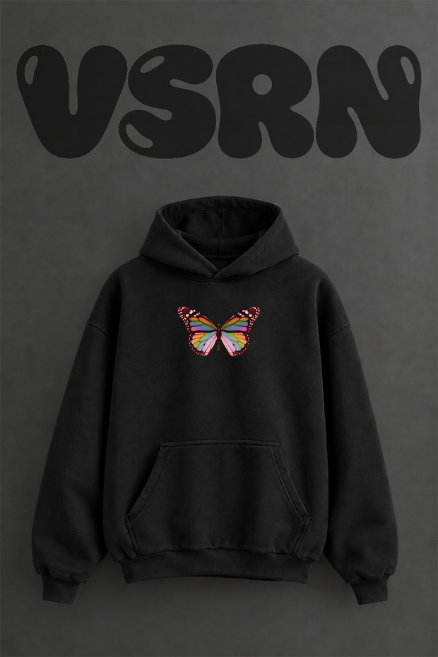 Rainbow Butterfly Design Pre-Printed Oversize Black Hooded Sweatshirt