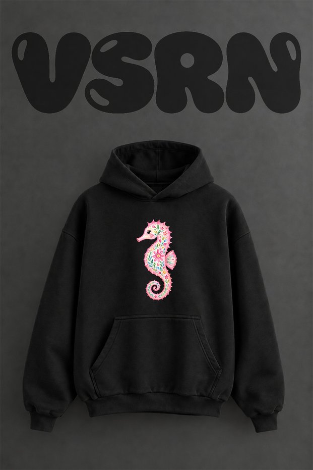 Seahorse Floral Design Pre-Printed Oversize Black Hooded Sweatshirt