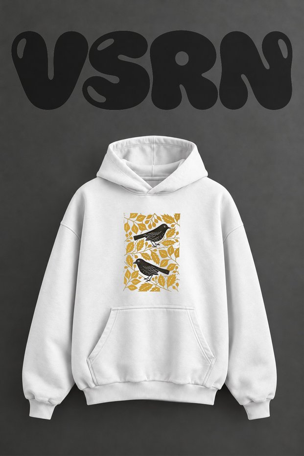 Kuslar Yapraklar Design Pre-Printed Oversize White Hooded Sweatshirt
