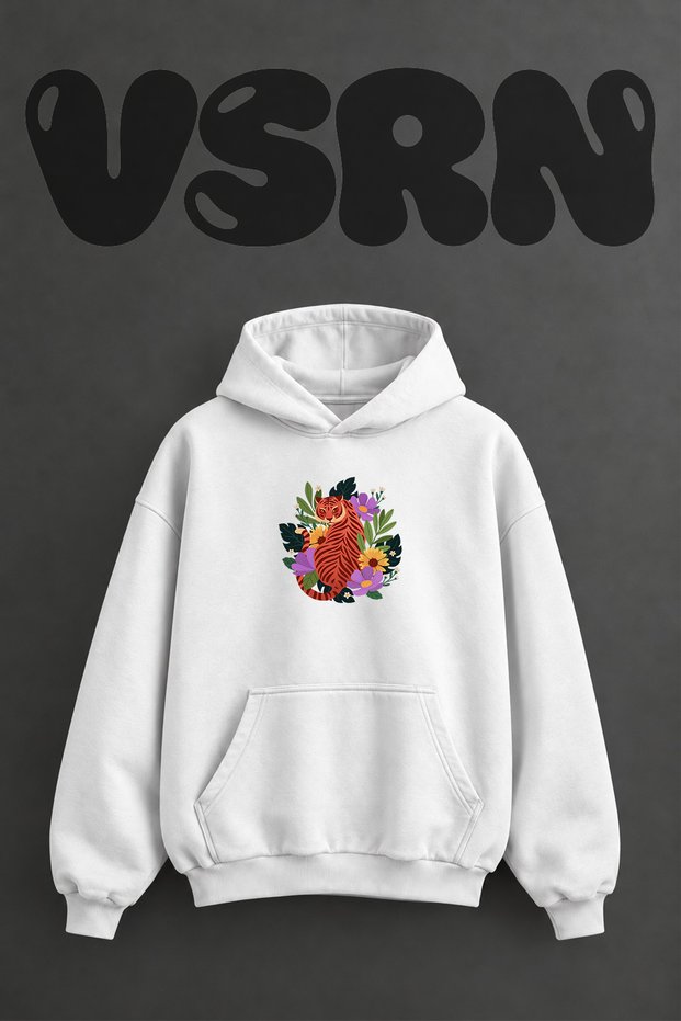 Floral Tiger Design Pre-Printed Oversize White Hooded Sweatshirt