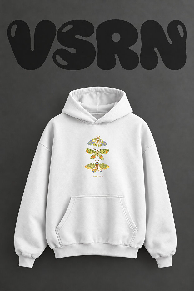 Folk Moth Design Pre-Printed Oversize White Hooded Sweatshirt