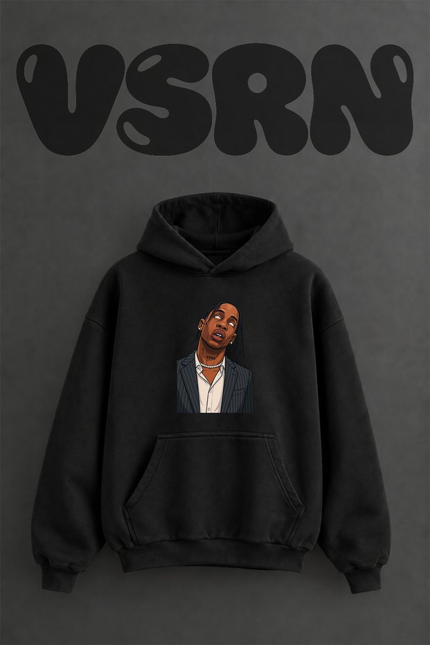 Travis Scott Design Pre-Printed Oversize Black Hooded Sweatshirt