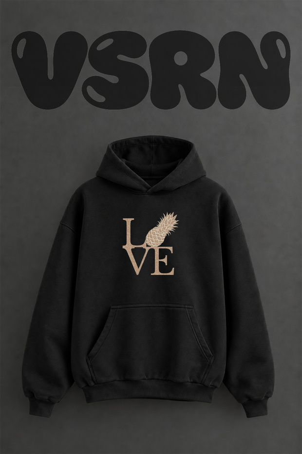 Glitter Love Pineapple Design Pre-Printed Oversize Black Hooded Sweatshirt
