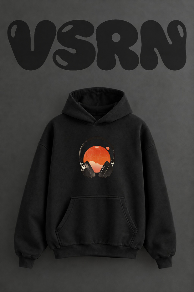Headphones Sun Design Pre-Printed Oversize Black Hooded Sweatshirt